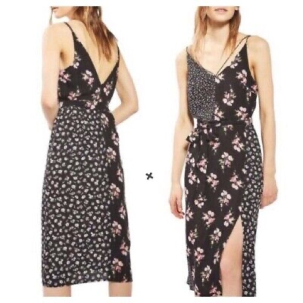 Topshop Black and Pink Floral Patchwork Midi Dress with front tie